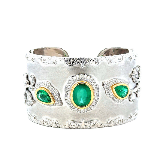 18k White Gold GIA Certified 6.72ct in Three Natural Emeralds and 1.98ctw Round Diamonds Hinged… — left three-quarter angle