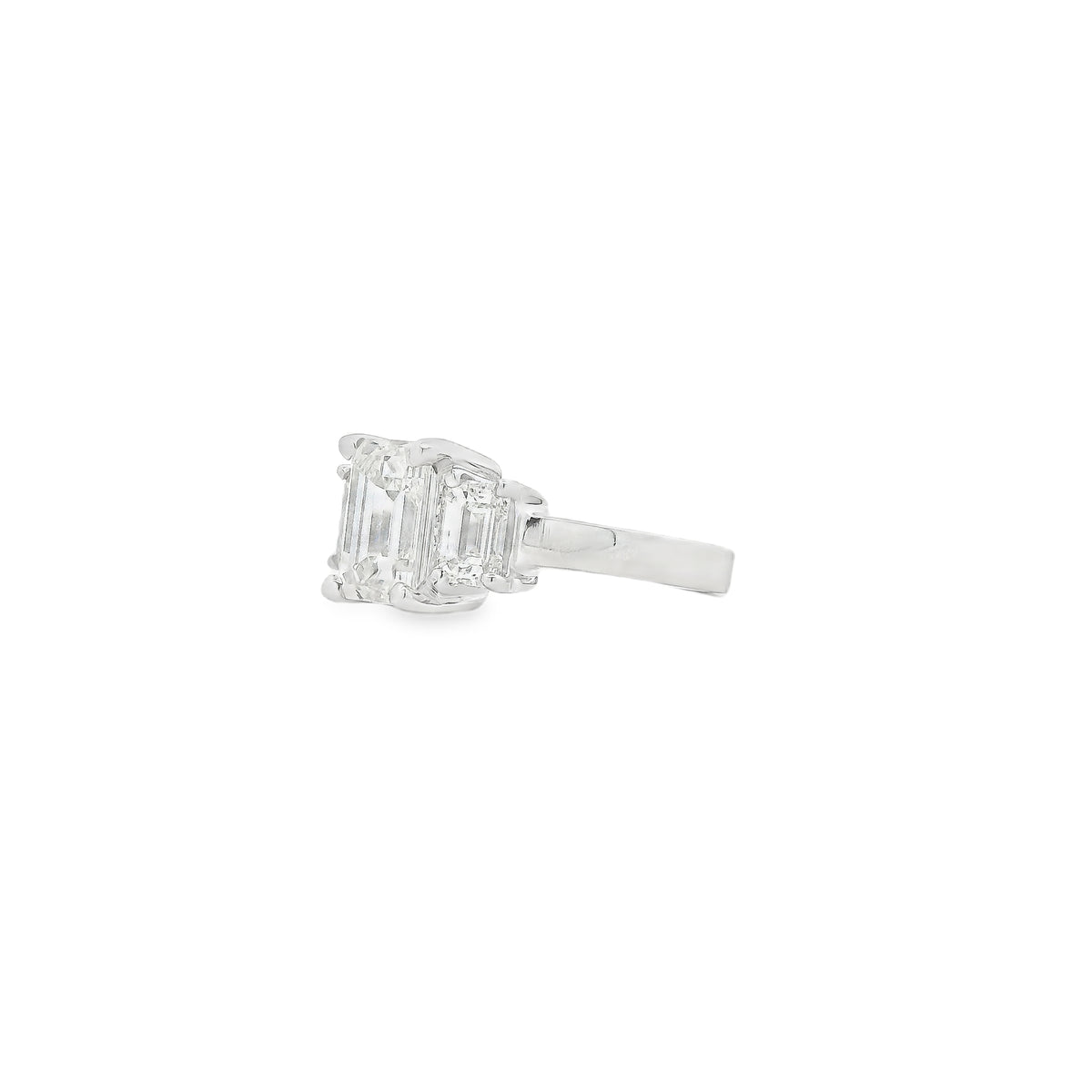 14k White Gold 2.02ct Emerald Cut Diamond Three-Stone Ring — left three-quarter angle