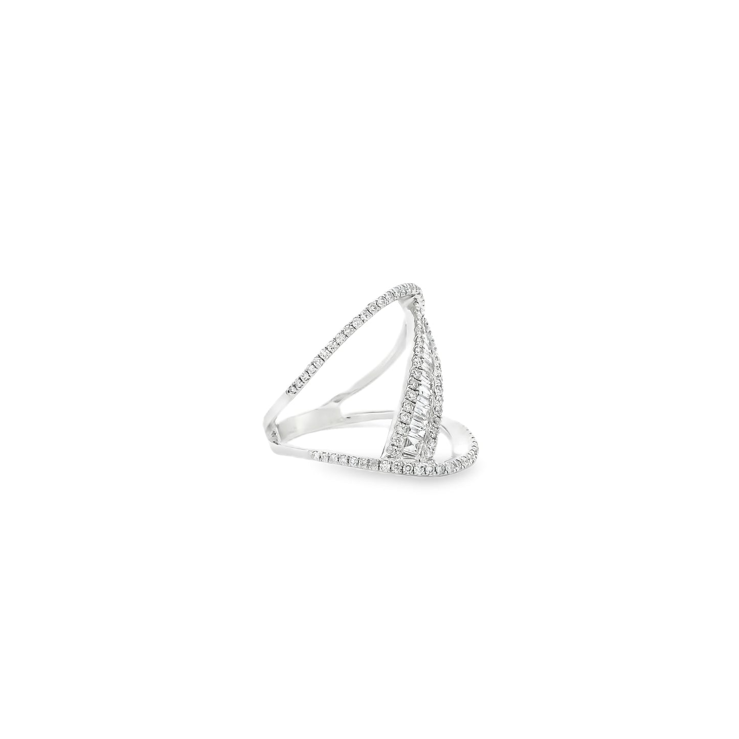 14k White Gold 0.90ctw Baguette and Round Brilliant Diamond Bypass Ring — left three-quarter angle