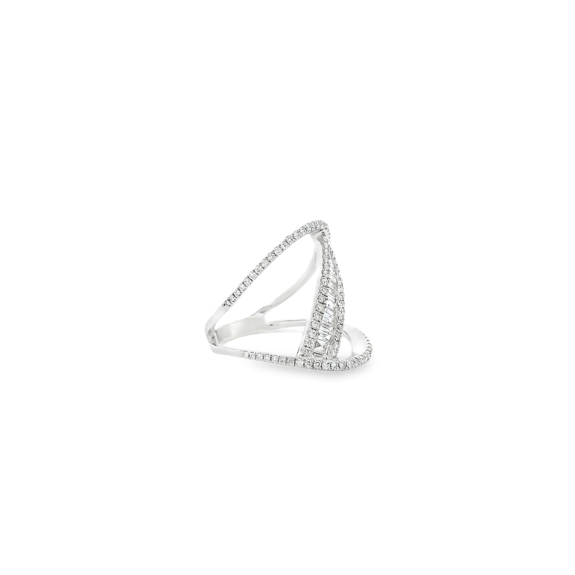 14k White Gold 0.90ctw Baguette and Round Brilliant Diamond Bypass Ring — left three-quarter angle