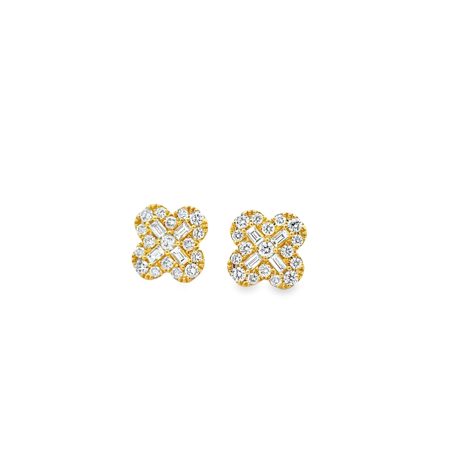 18k Yellow Gold 2.02ctw Round Brilliant and Baguette Diamond Clover Stud Earrings — left three-quarter angle