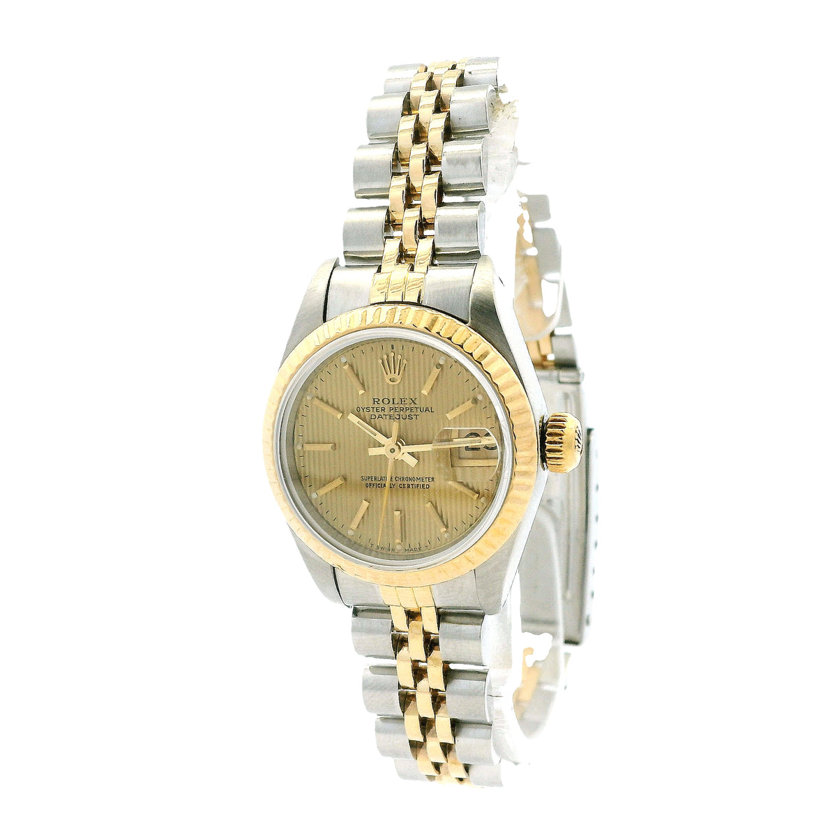 Rolex 69173 Datejust 26mm Two-Tone Champagne Dial Watch — left side three-quarter view