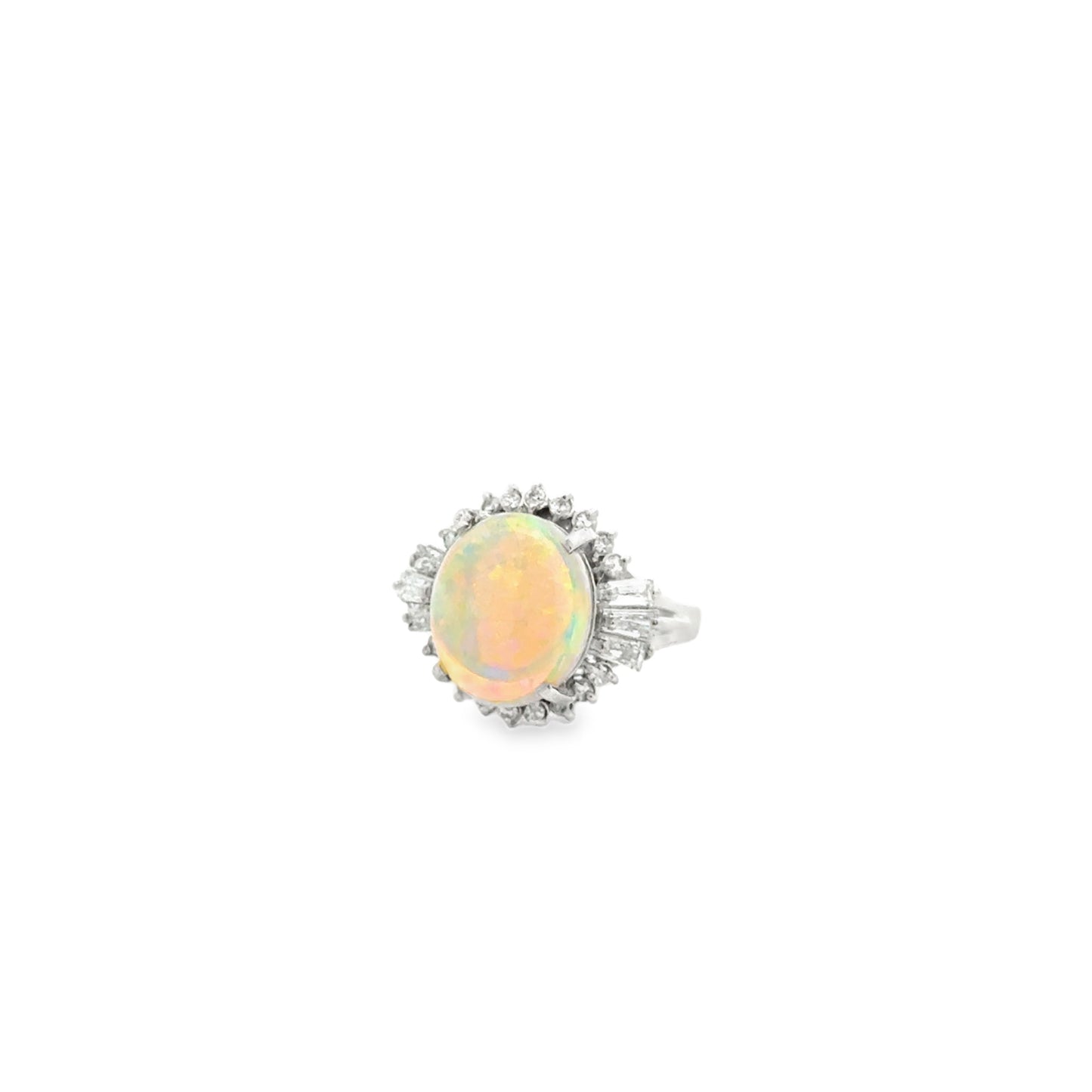 Platinum Opal and Diamond Halo Ring — left three-quarter angle