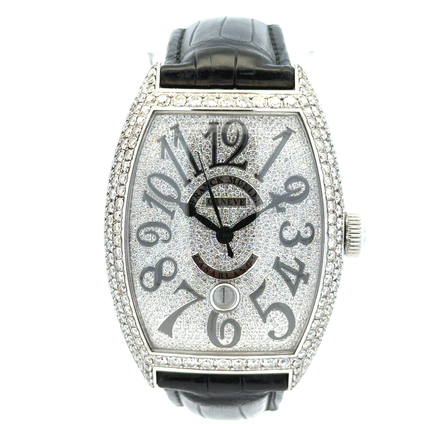 Franck Muller Casablanca 8880 Stainless Steel Diamond Dial & Bezel Black Leather Strap Watch — left side three-quarter view