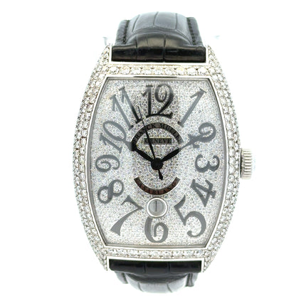 Franck Muller Casablanca 8880 Stainless Steel Diamond Dial & Bezel Black Leather Strap Watch — left side three-quarter view