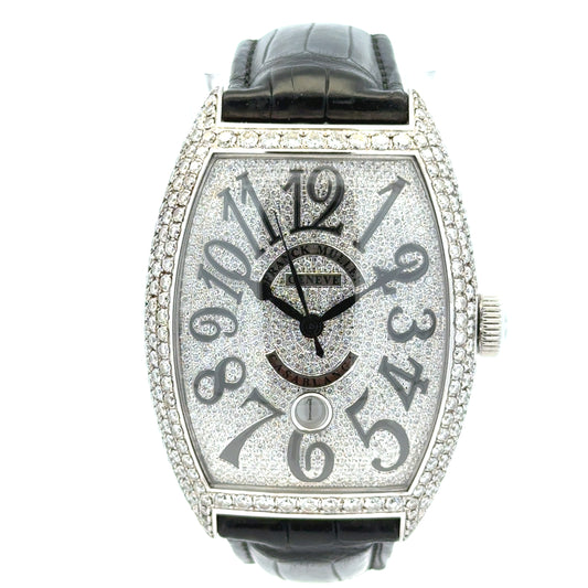 Franck Muller Casablanca 8880 Stainless Steel Diamond Dial & Bezel Black Leather Strap Watch — left side three-quarter view