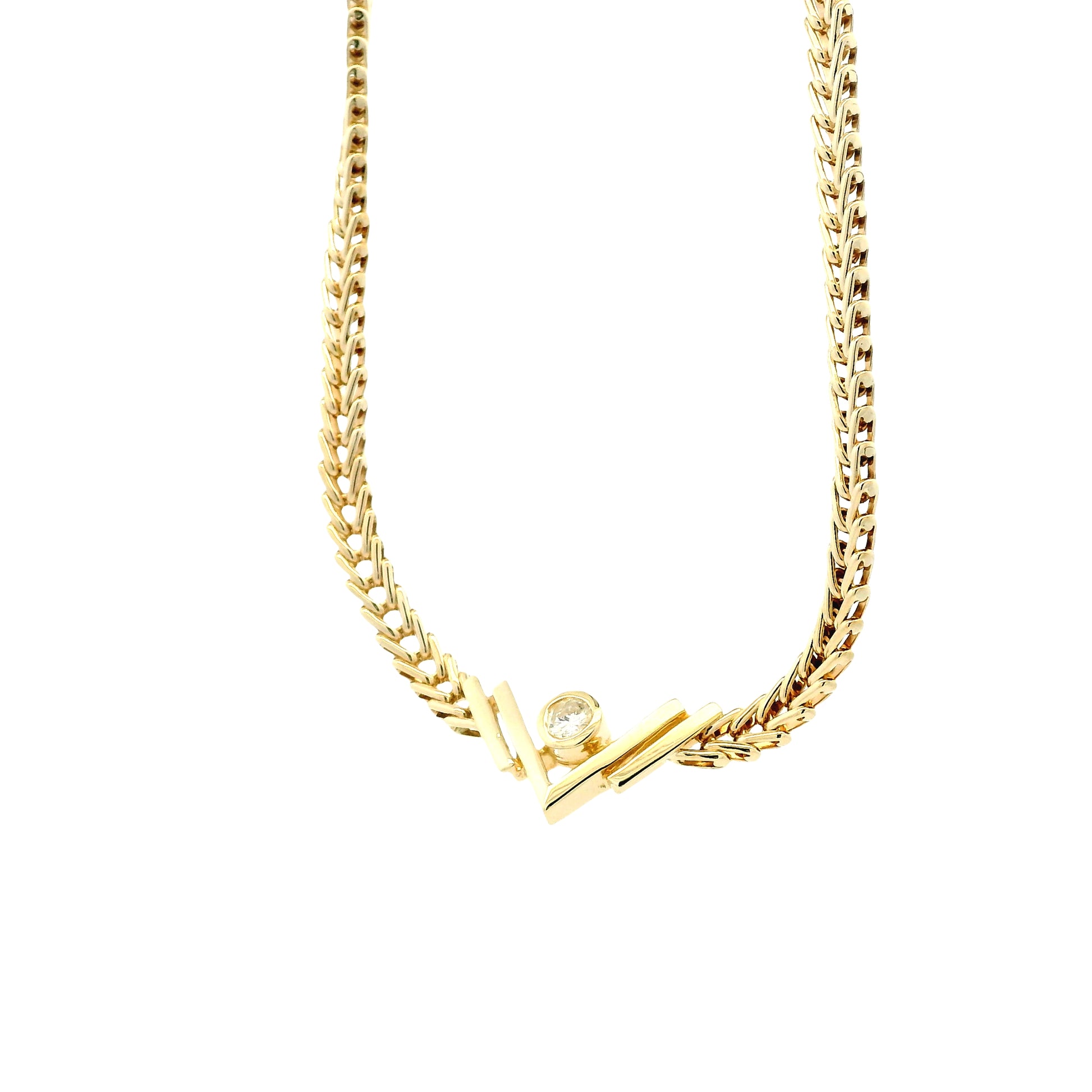 14k Yellow Gold V-Shaped Pendant Necklace with 0.10ct Round Diamond — left three-quarter angle