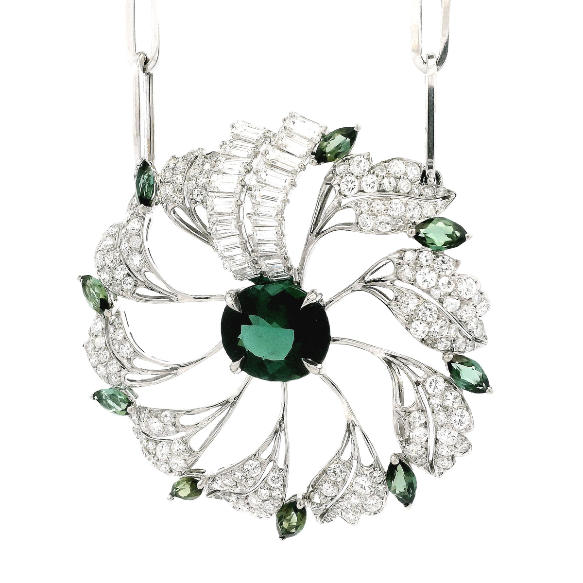 18k White Gold Tourmaline & 4.5ctw Diamond Floral Cluster Statement Paper Clip Necklace 25.5" — left three-quarter angle