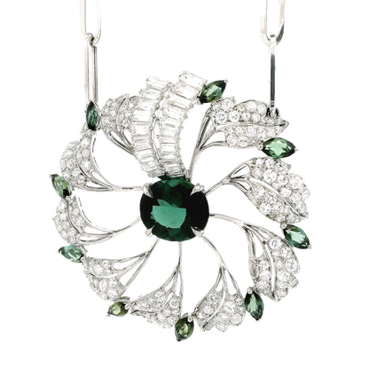 18k White Gold Tourmaline & 4.5ctw Diamond Floral Cluster Statement Paper Clip Necklace 25.5" — left three-quarter angle