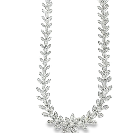 18k White Gold GIA Certified 19.58ct Paraiba Tourmaline & 6.58ctw Diamond Necklace — left three-quarter angle