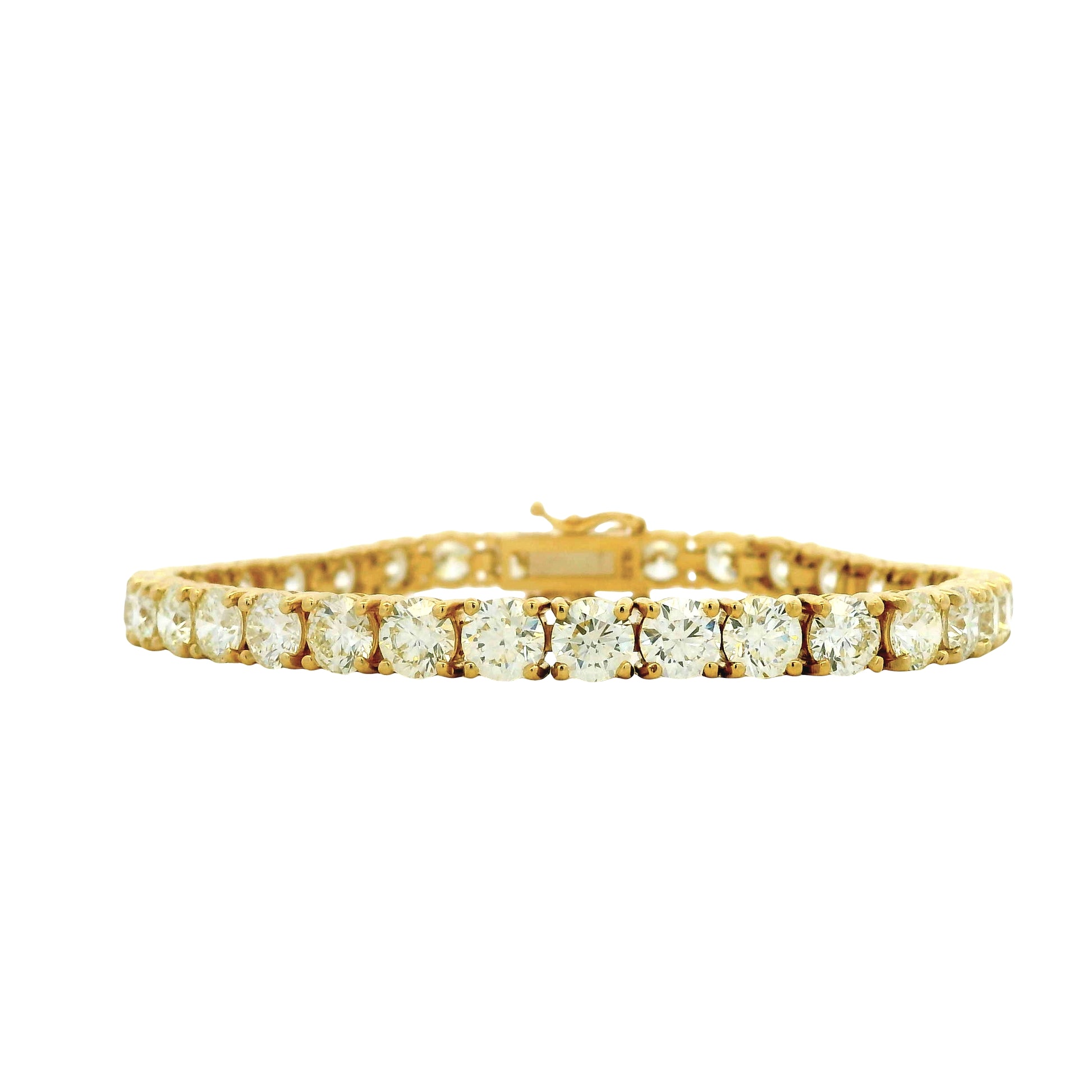 18k Yellow Gold 16.72ctw Round Brilliant Natural Diamond Tennis Bracelet — left three-quarter angle