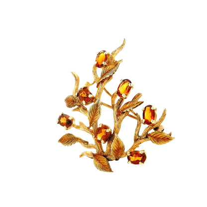 14k Yellow Gold Vintage Orange Gemstone Branch and Leaves Brooch Pin — left three-quarter angle