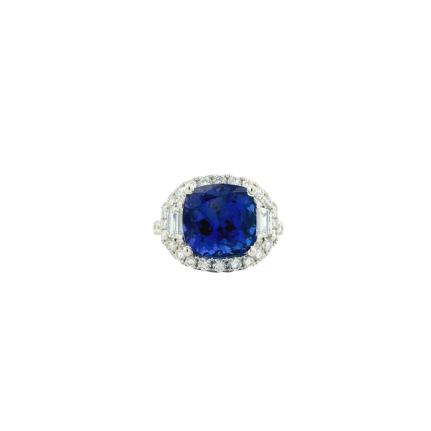 18k White Gold 8.45ct Cushion Cut Tanzanite and 1.55ctw Diamond Three-Stone Cocktail Ring — left three-quarter angle