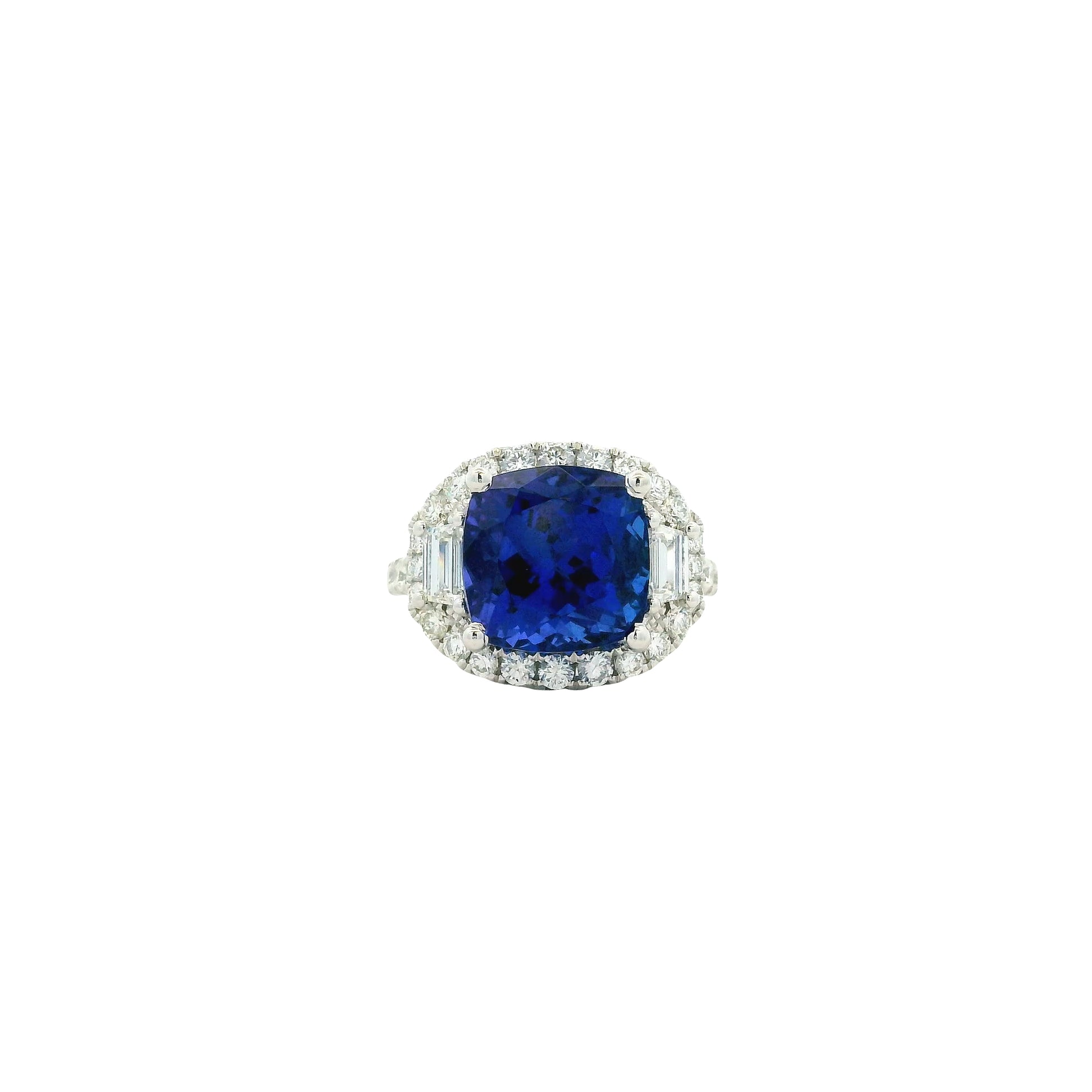 18k White Gold 8.45ct Cushion Cut Tanzanite and 1.55ctw Diamond Three-Stone Cocktail Ring — left three-quarter angle
