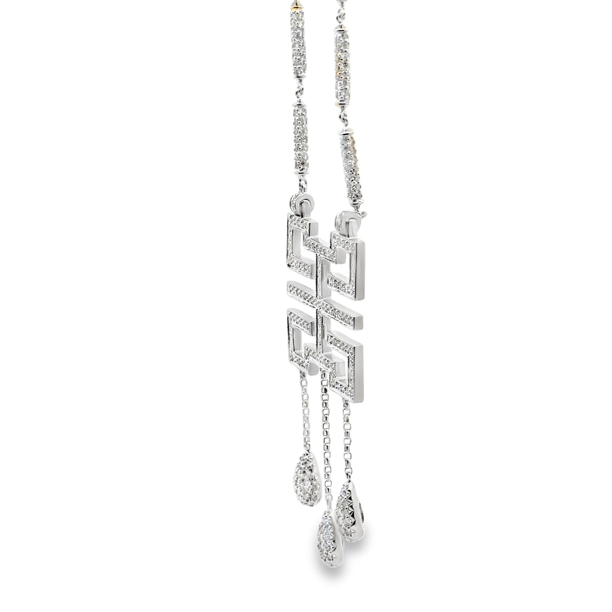 18k White Gold 3.50ctw Pavé Diamond Greek Key Pendant Necklace — left three-quarter angle