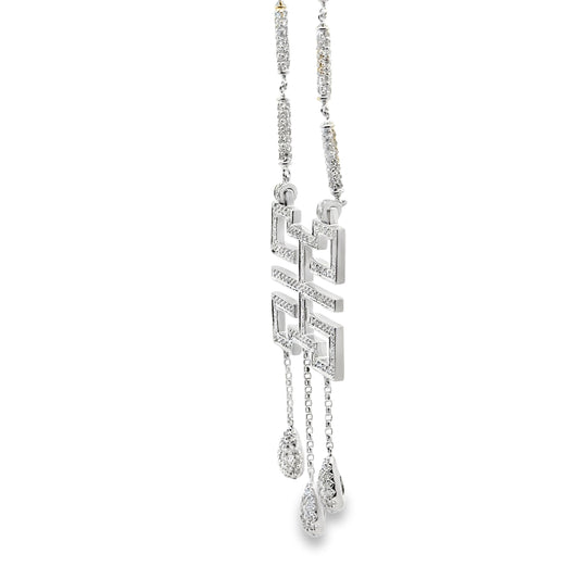 18k White Gold 3.50ctw Pavé Diamond Greek Key Pendant Necklace — left three-quarter angle