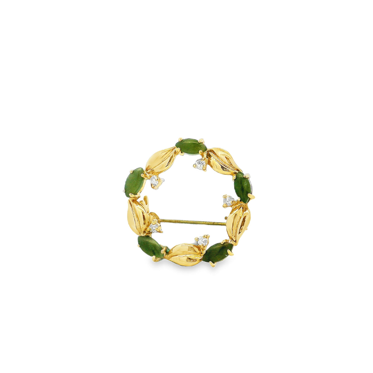 14k Yellow Gold Jade and Diamond Floral Wreath Brooch Pin — left three-quarter angle