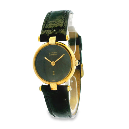 Must de Cartier Vendome 18k Gold Plated Black Dial Leather Strap Watch — left side three-quarter view