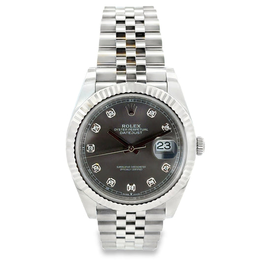 Rolex 126334 Datejust 41mm Diamond Slate Dial Two-Tone Jubilee Watch — left side three-quarter view
