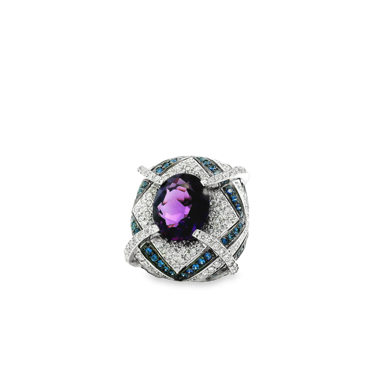 18k White Gold Amethyst and 3.00ctw Diamond Pavé Cocktail Ring — left three-quarter angle
