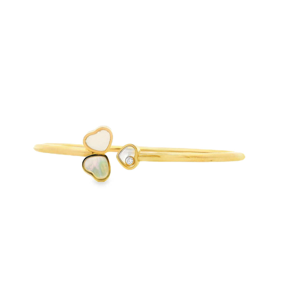Chopard Happy Hearts 18k Yellow Gold Mother of Pearl Bangle Bracelet — left side three-quarter view