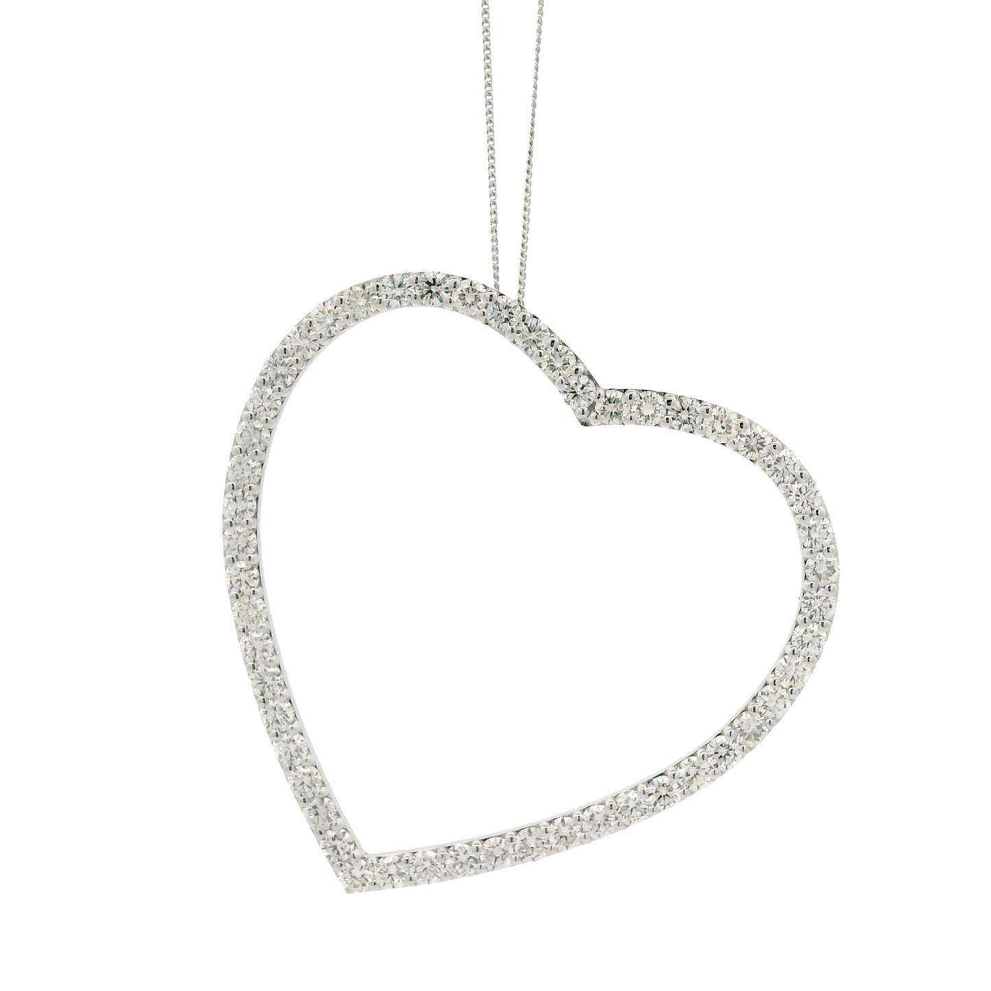 14k White Gold 5.92ctw Round Brilliant Diamond Pavé Heart Pendant Necklace — left three-quarter angle