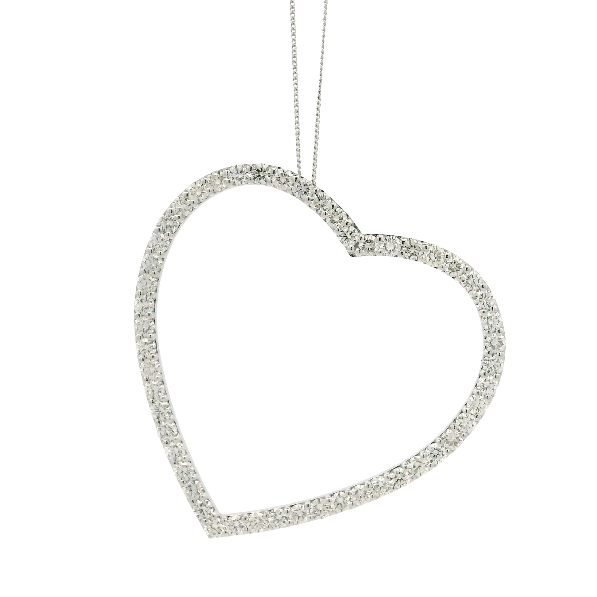 14k White Gold 5.92ctw Round Brilliant Diamond Pavé Heart Pendant Necklace — left three-quarter angle