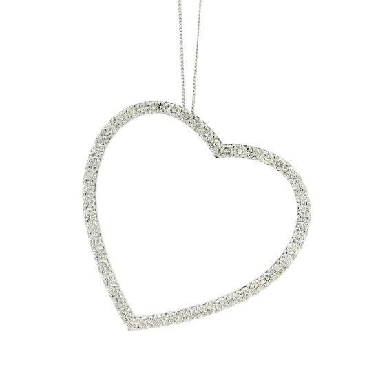 14k White Gold 5.92ctw Round Brilliant Diamond Pavé Heart Pendant Necklace — left three-quarter angle
