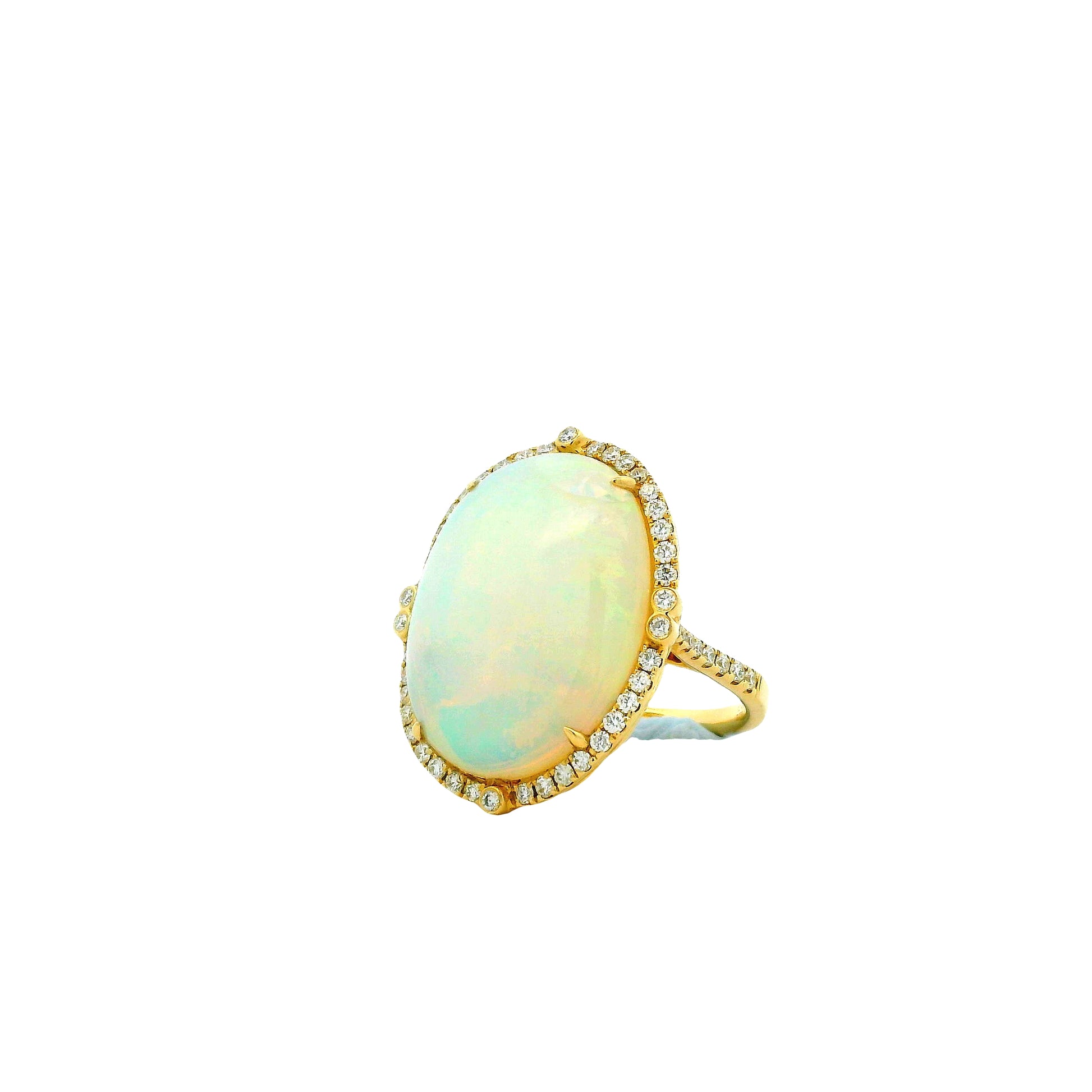 14k Yellow Gold 12.47ct Oval Opal and 0.66ctw Diamond Halo Cocktail Ring — left three-quarter angle
