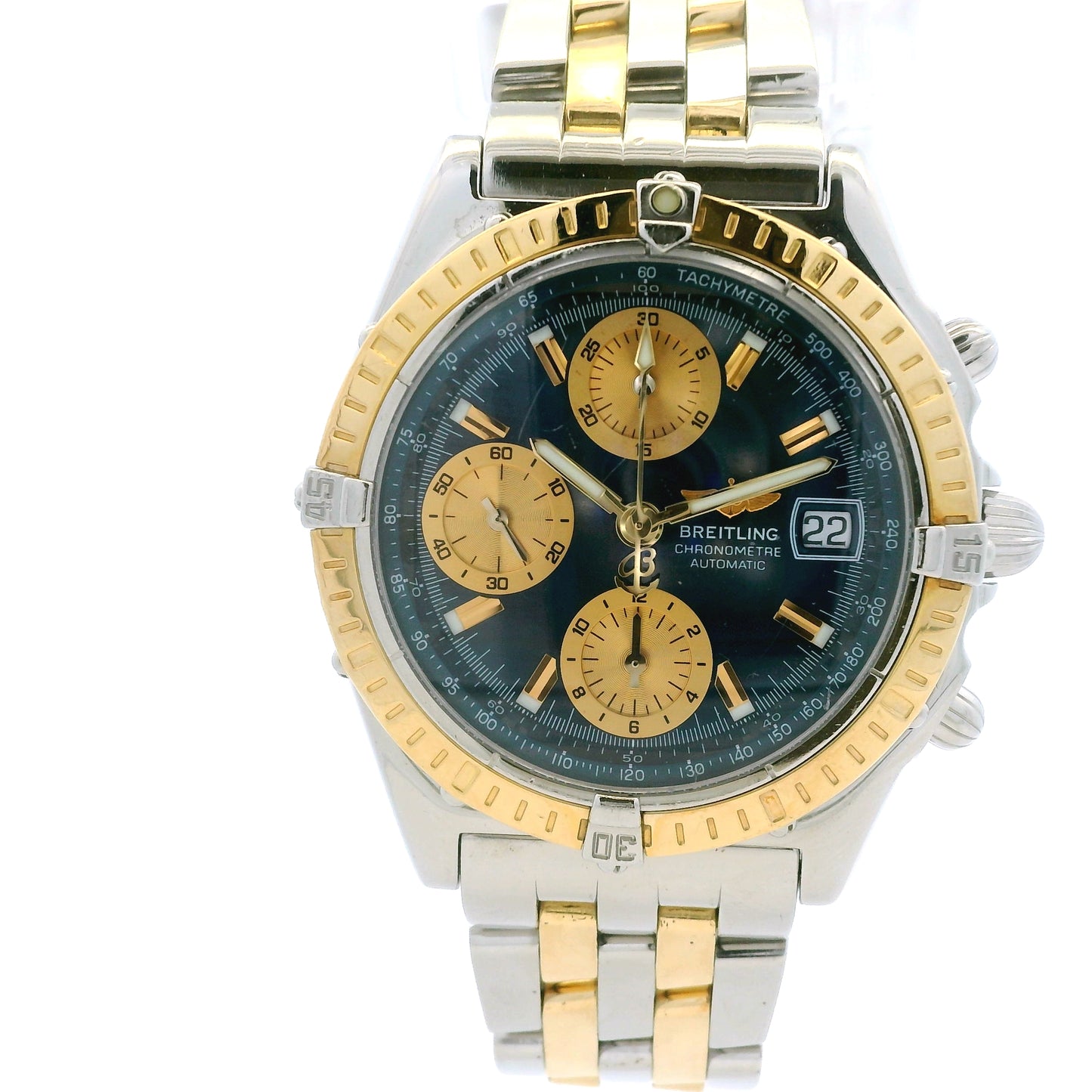 Breitling D13352 Chronomat 39mm Blue Dial Two-Tone Watch — left side three-quarter view