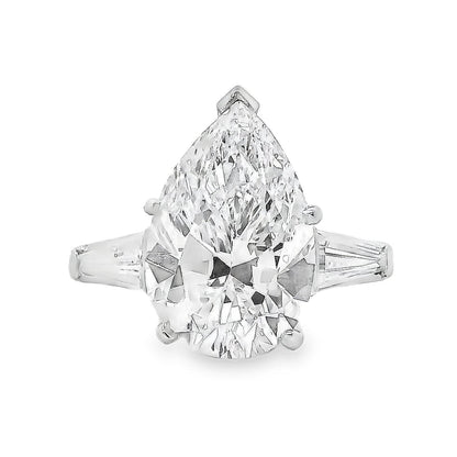 Platinum 4.69ct GIA Pear Cut Diamond Tapered Baguette Three-Stone Engagement Ring — left three-quarter angle