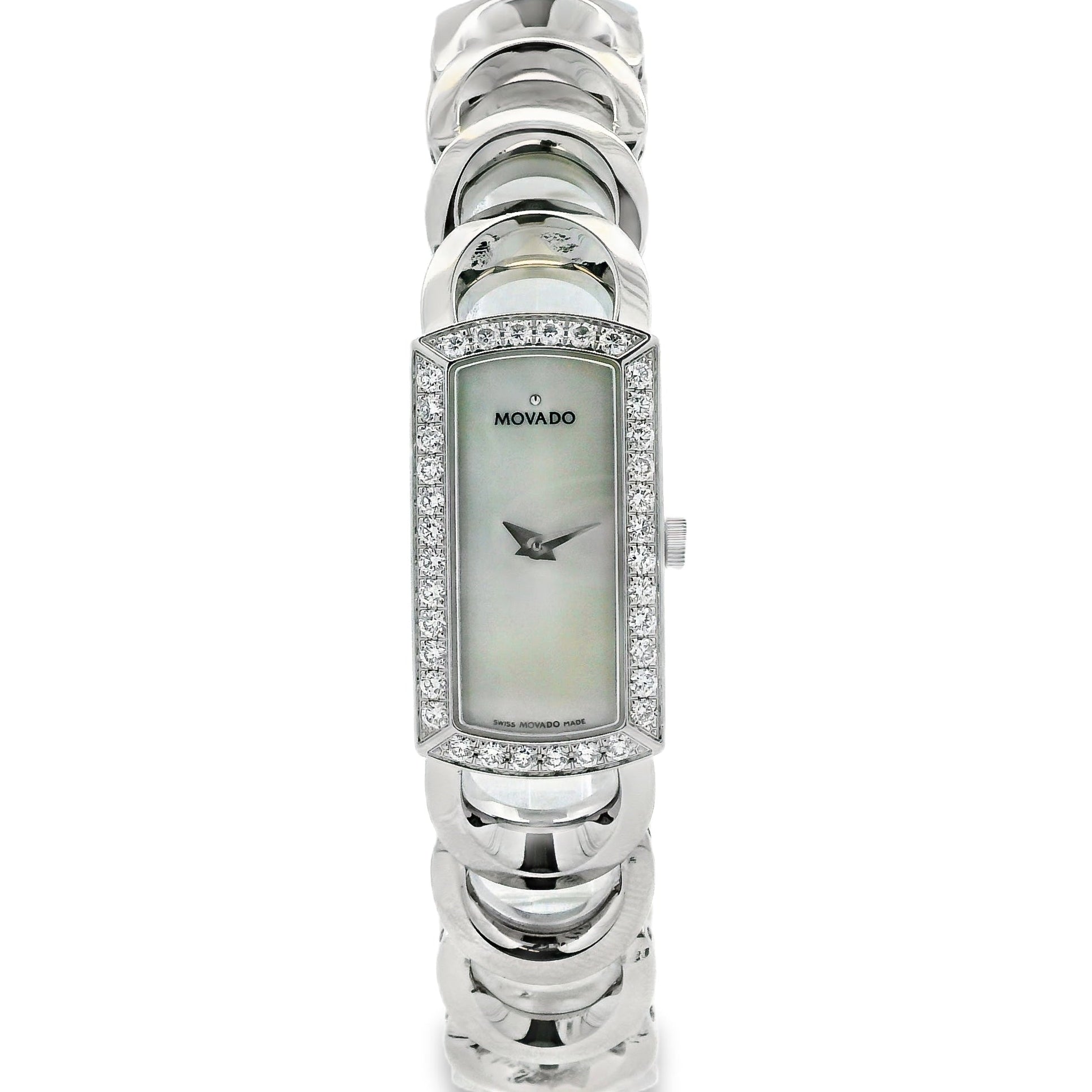 Movado Rondiro 0606007 Mother of Pearl Diamond Bezel Rectangle Stainless Steel Watch — left side three-quarter view