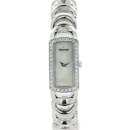 Movado Rondiro 0606007 Mother of Pearl Diamond Bezel Rectangle Stainless Steel Watch — left side three-quarter view