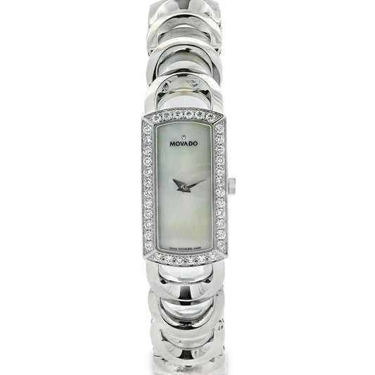 Movado Rondiro 0606007 Mother of Pearl Diamond Bezel Rectangle Stainless Steel Watch — left side three-quarter view