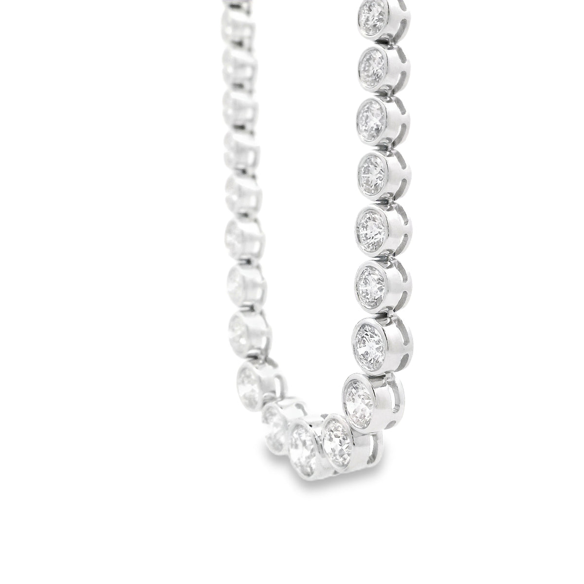 18k White Gold 6.54ctw Round Natural Diamond Half-Way Bezel Set Tennis Necklace 17" — right three-quarter angle