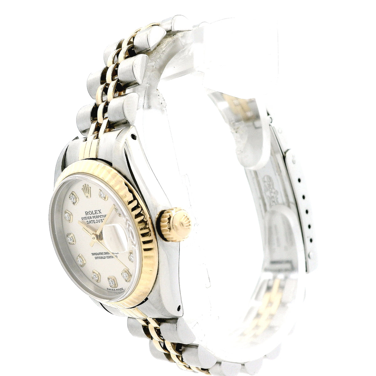 Rolex 69173 Datejust 26mm Two-Tone Diamond Dial Jubilee Watch — right side three-quarter view