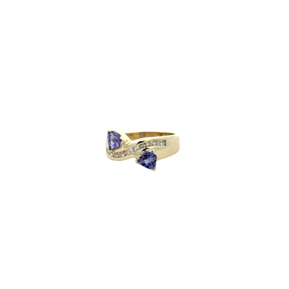 14k Yellow Gold Two-Stone Heart Tanzanite and 0.25ctw Diamond Ring — right three-quarter angle