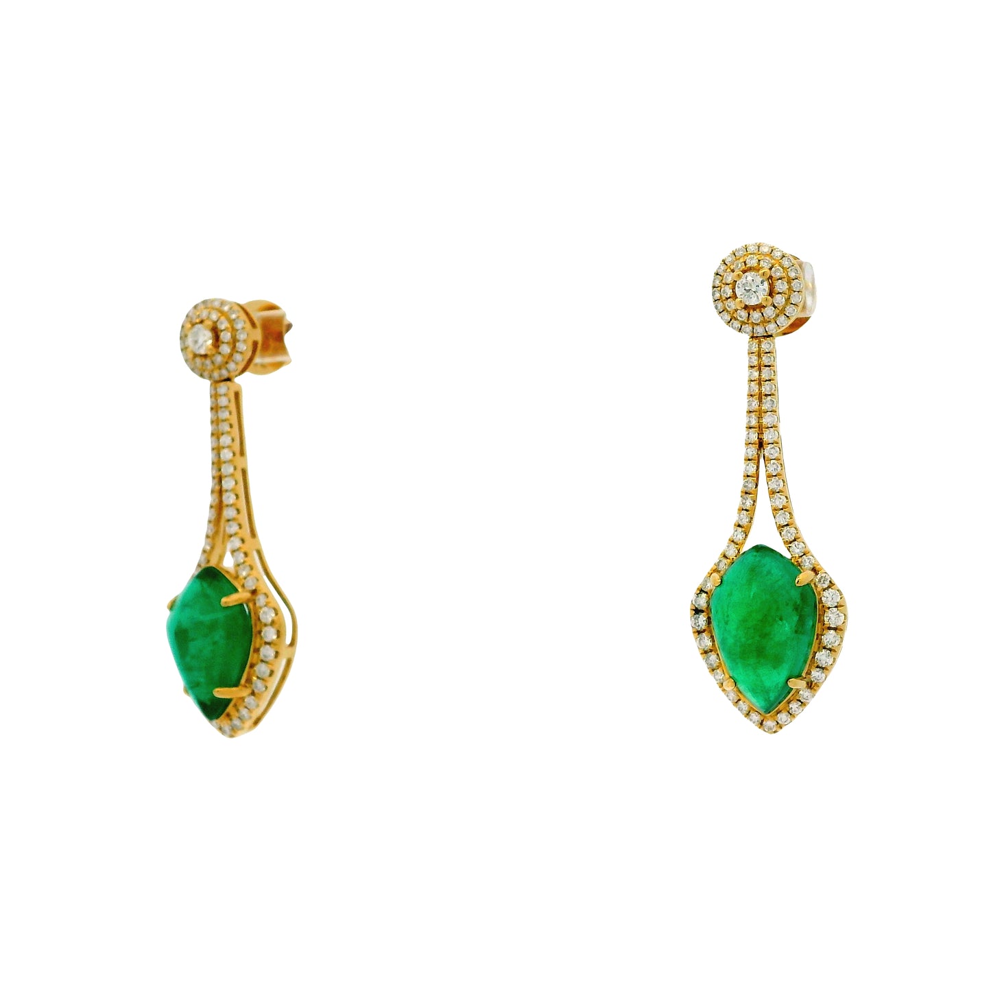 18k Yellow Gold 10.82ct Emerald and 1.50ctw Round Brilliant Diamond Dangle Earrings — right three-quarter angle