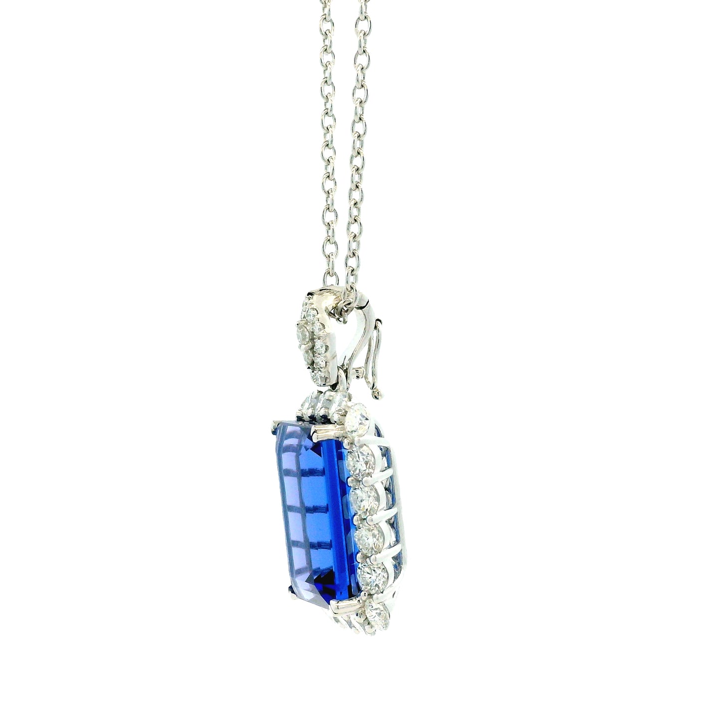 14k White Gold 13.50ct Emerald Cut Tanzanite & 2.54ctw Round Brilliant Diamond Halo Pendant… — right three-quarter angle