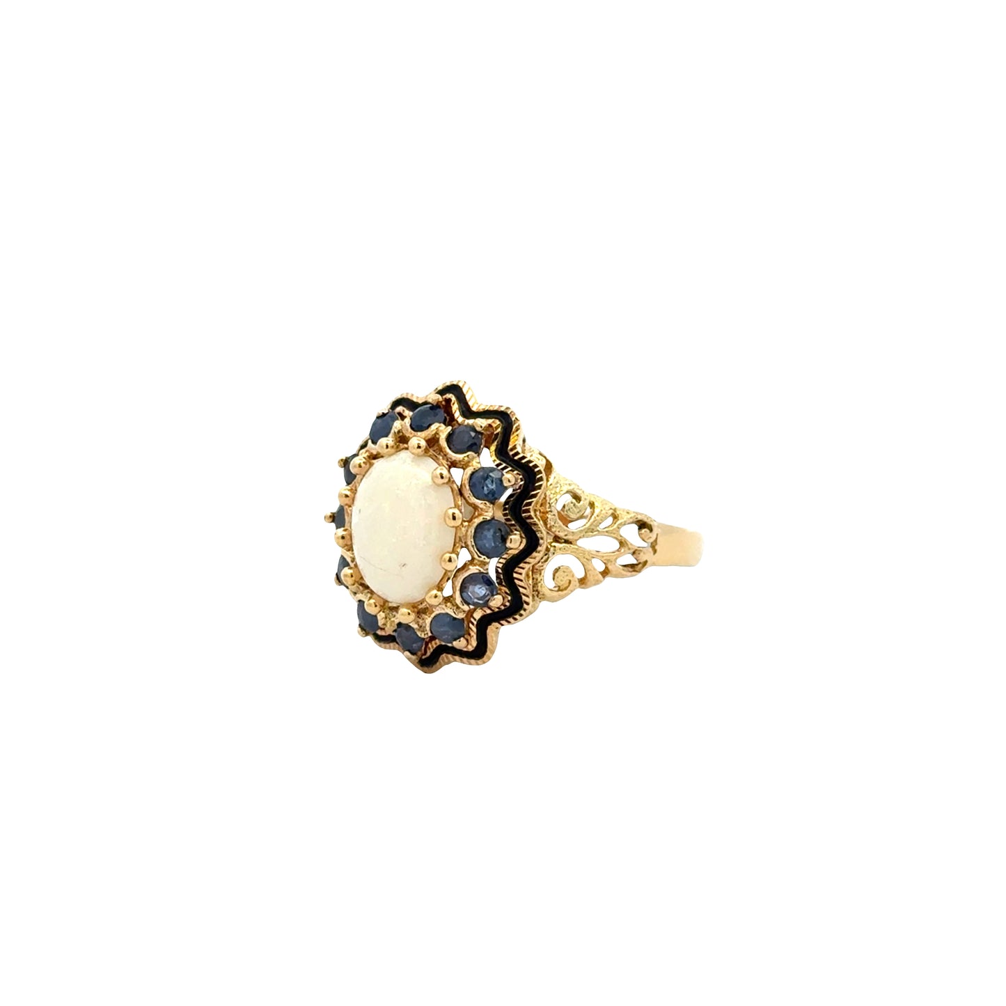 Vintage 18k Yellow Gold Opal and Blue Sapphire Halo Cocktail Ring — right three-quarter angle