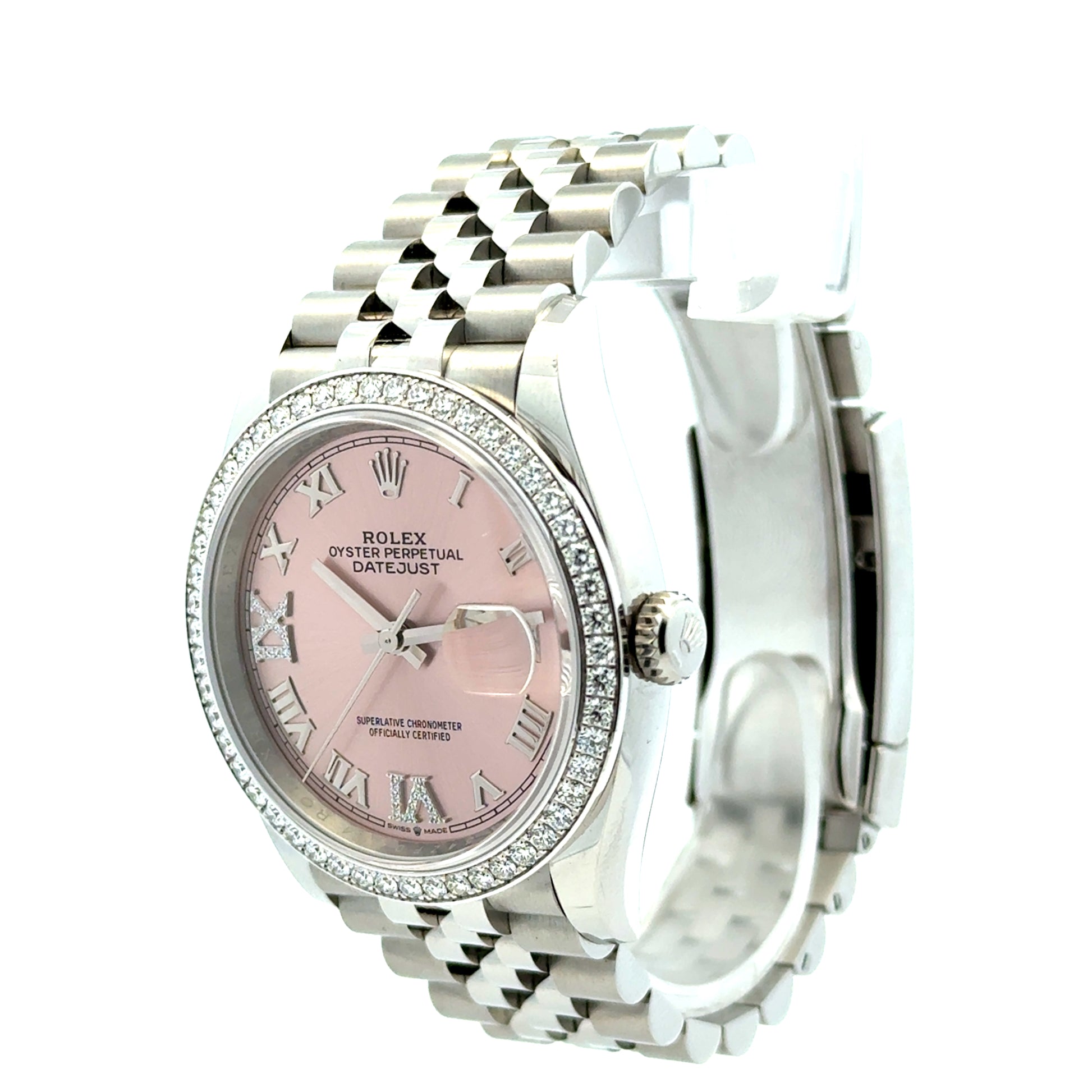 Rolex 126284RBR Datejust 36mm Pink Diamond Dial Diamond Bezel Jubilee Watch — right side three-quarter view