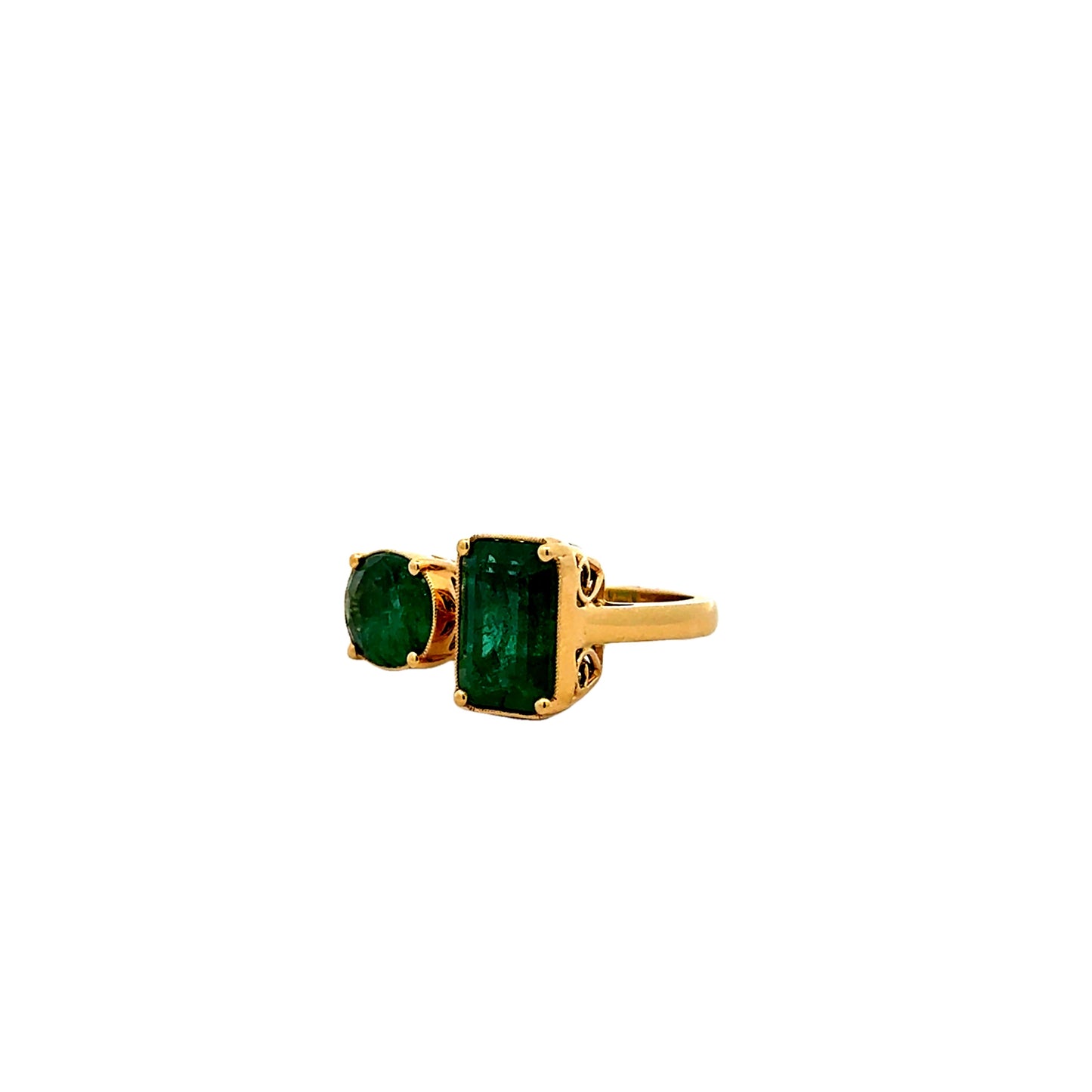 18k Yellow Gold 7.65ctw Two-Stone Natural Emerald Toi et Moi Ring — right three-quarter angle