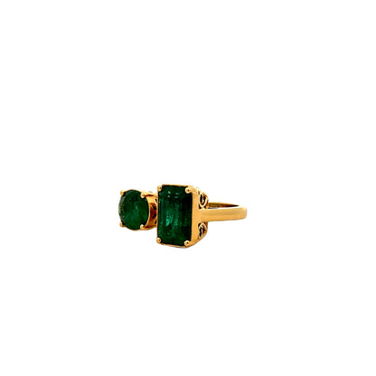 18k Yellow Gold 7.65ctw Two-Stone Natural Emerald Toi et Moi Ring — right three-quarter angle