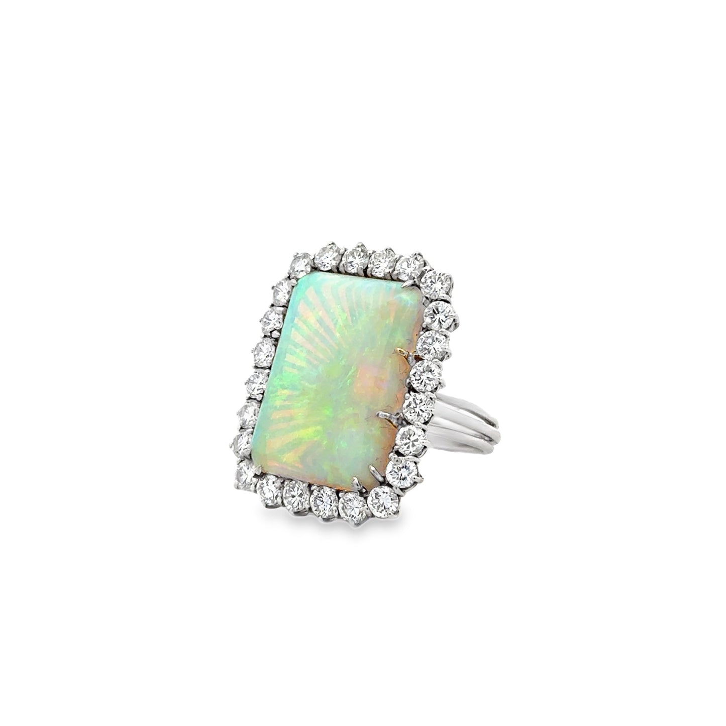 18k White Gold Natural Opal and 2.40ctw Diamond Halo Cocktail Ring — right three-quarter angle
