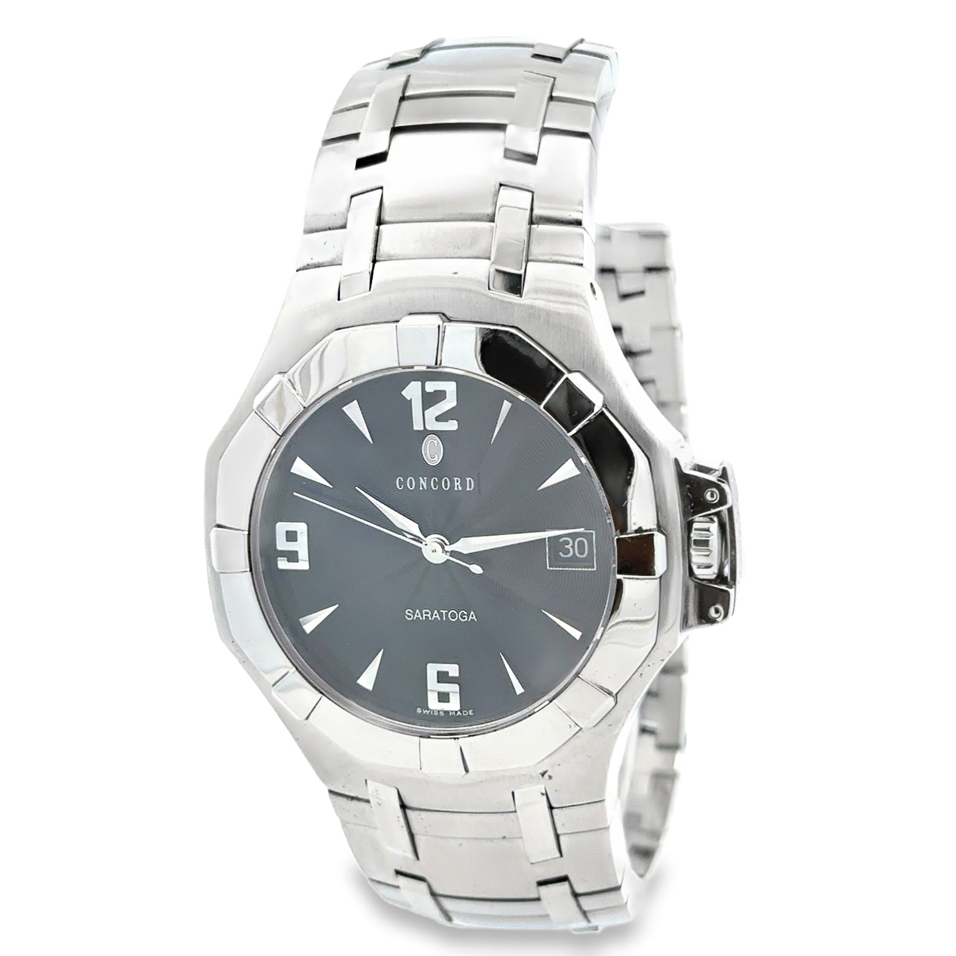 Concord Saratoga 37mm Black Dial Stainless Steel Watch — right side three-quarter view
