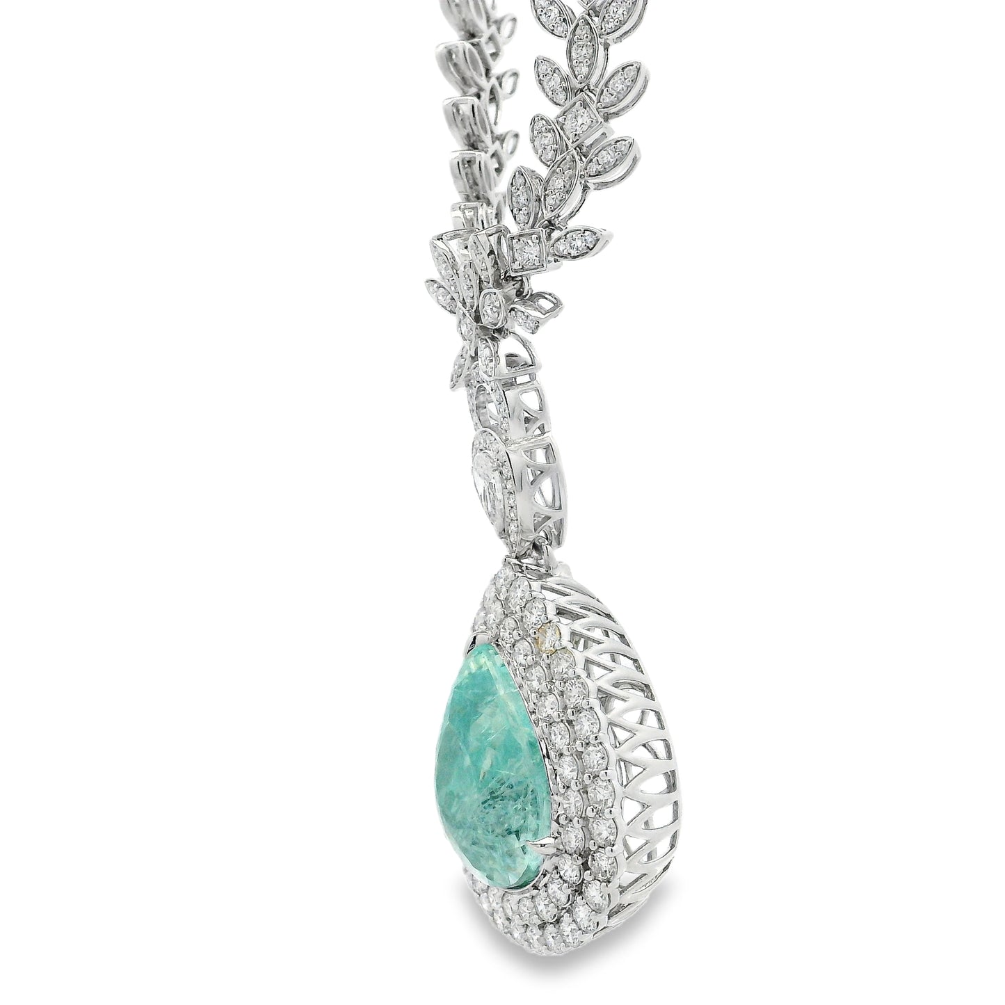 18k White Gold GIA Certified 19.58ct Paraiba Tourmaline & 6.58ctw Diamond Necklace — right three-quarter angle