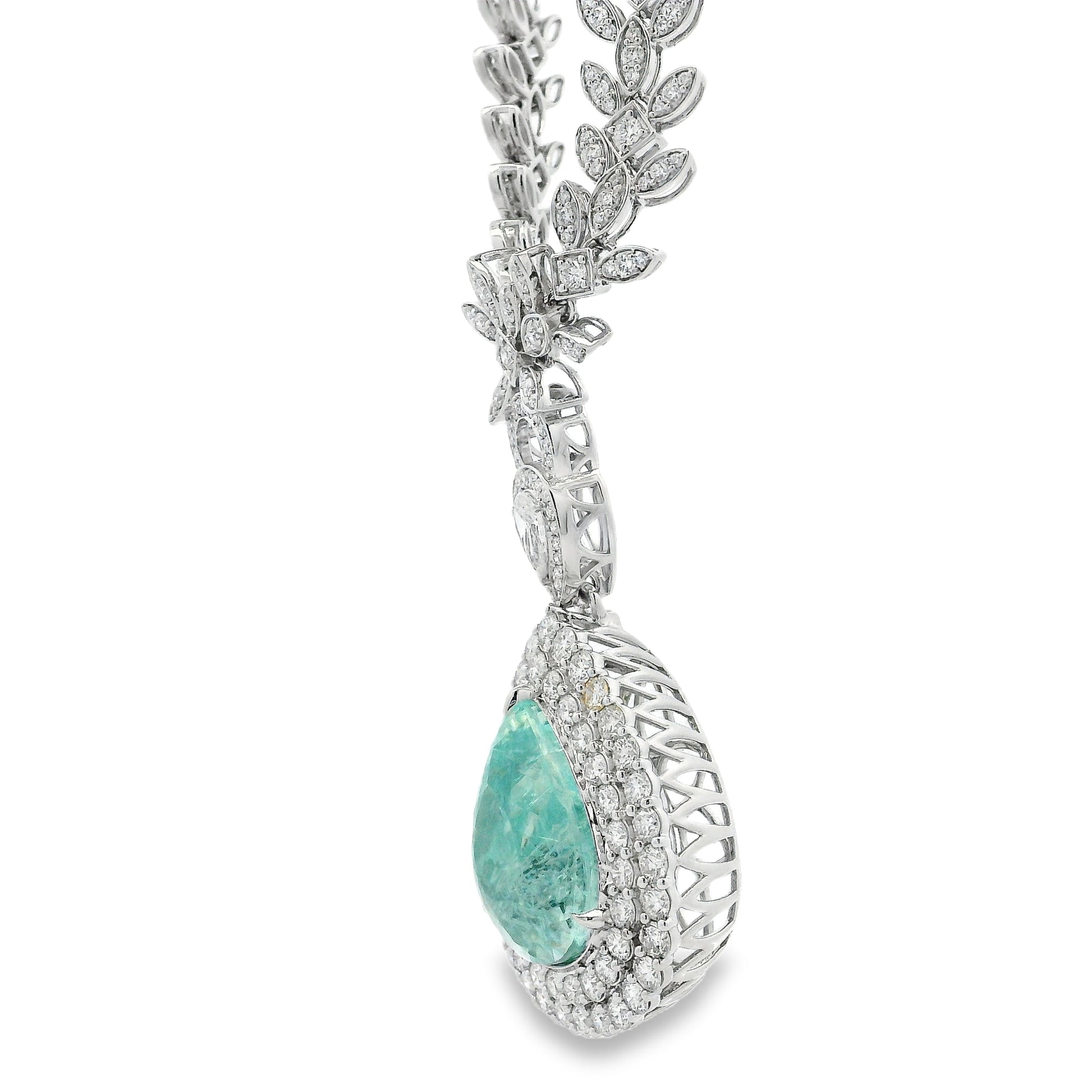 18k White Gold GIA Certified 19.58ct Paraiba Tourmaline & 6.58ctw Diamond Necklace — right three-quarter angle