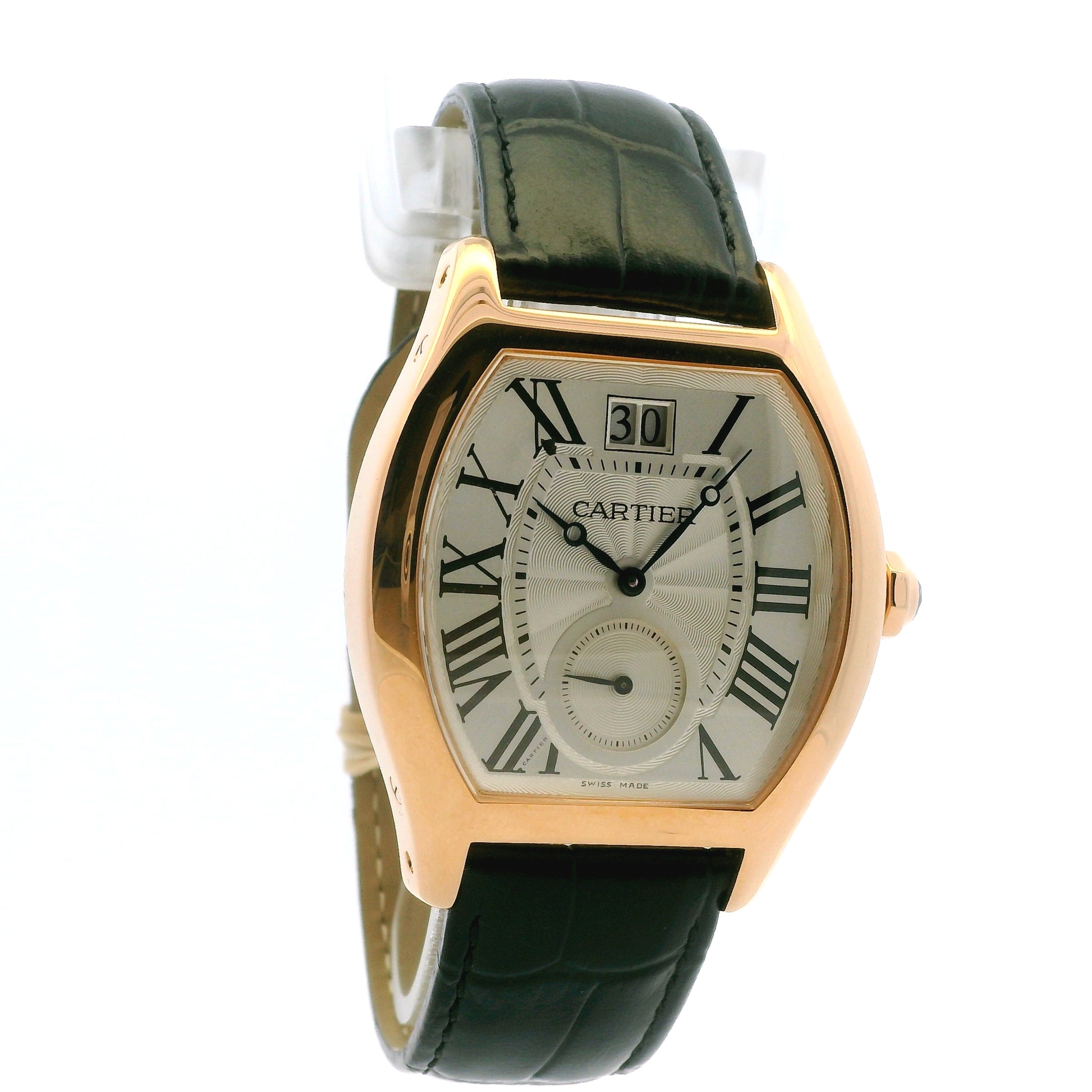 Cartier Tortue 18k Rose Gold 38mm Silver Dial Black Strap Watch — right side three-quarter view