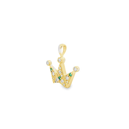 14k Yellow Gold Crown Pendant with 0.35ctw Round Brilliant Diamond & Natural Emerald Accents — right three-quarter angle