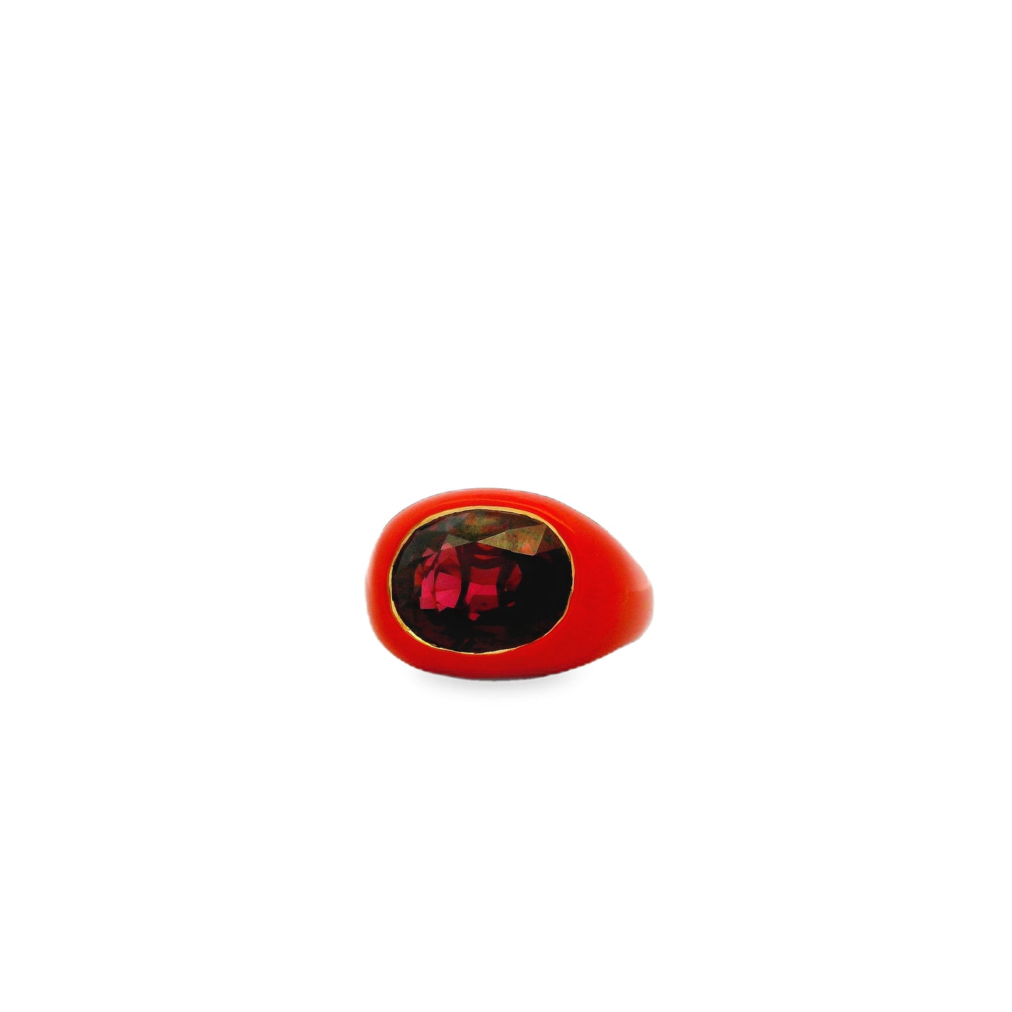 18k Yellow Gold 10.88ct Oval Rhodolite Garnet Cocktail Ring — right three-quarter angle